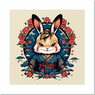 Japanese Samurai Rabbit Tattoo, Kawaii Ninja Rabbit Posters and Art